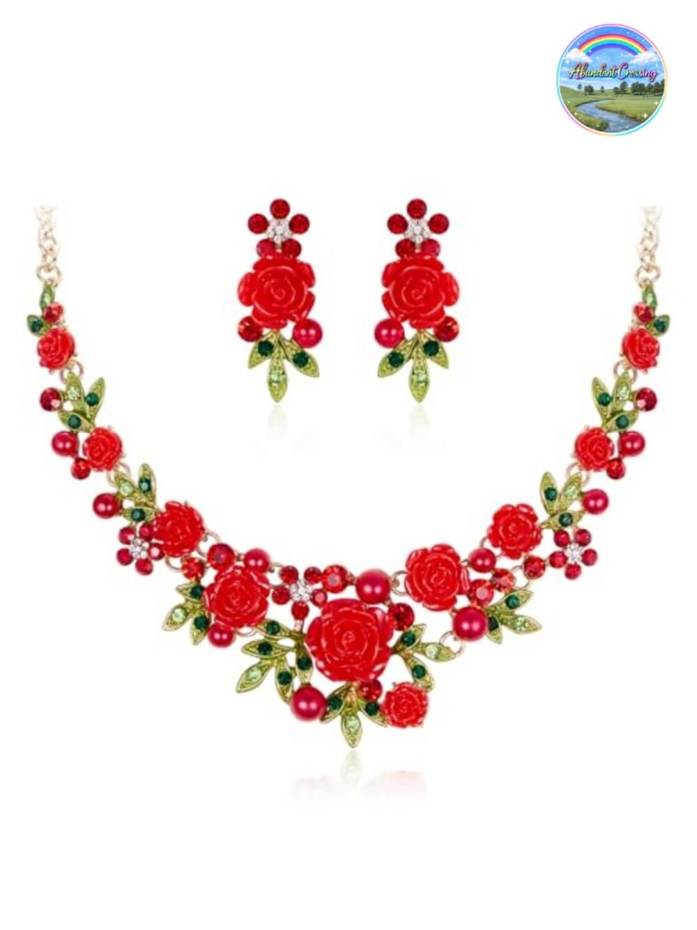 Crystal Simulated Pearl Rose Flower Leaf Necklace Earrings Set